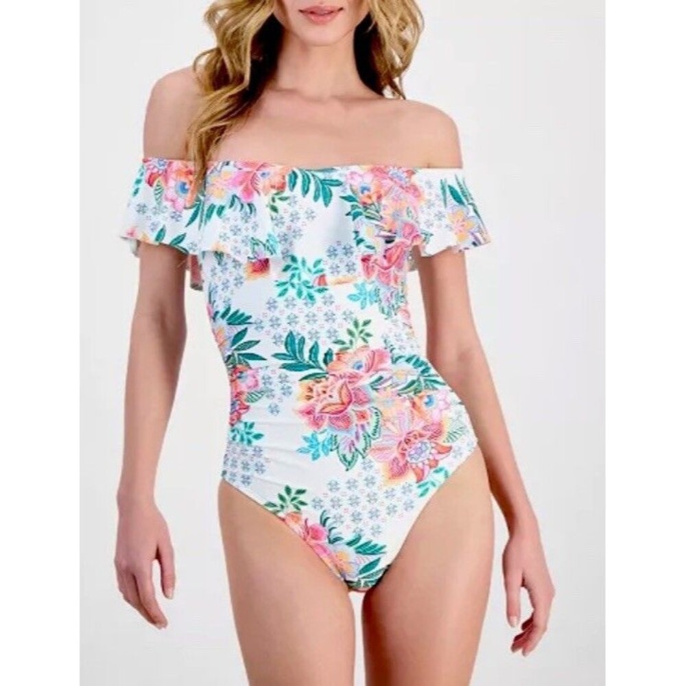 La Blanca Women’s Riveria Resort Printed Off The Shoulder Swimsuit Size 10 NWT